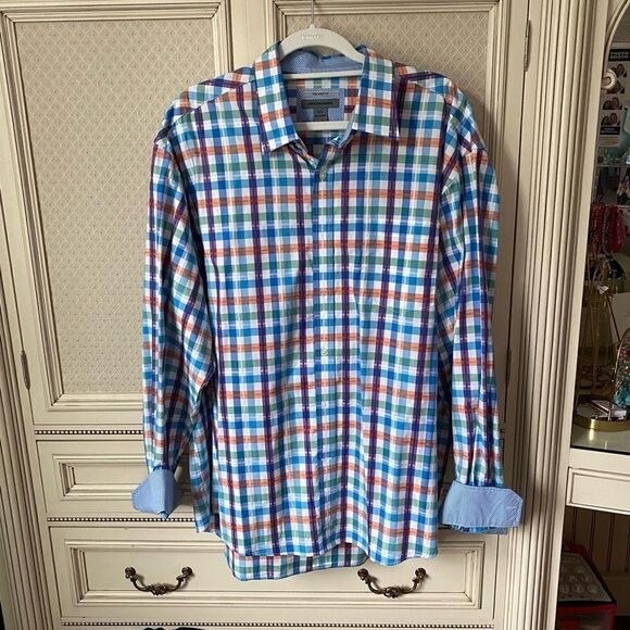 Johnston & Murphy blue orange tailored fit long sleeve button down dress shirt - Picture 1 of 5